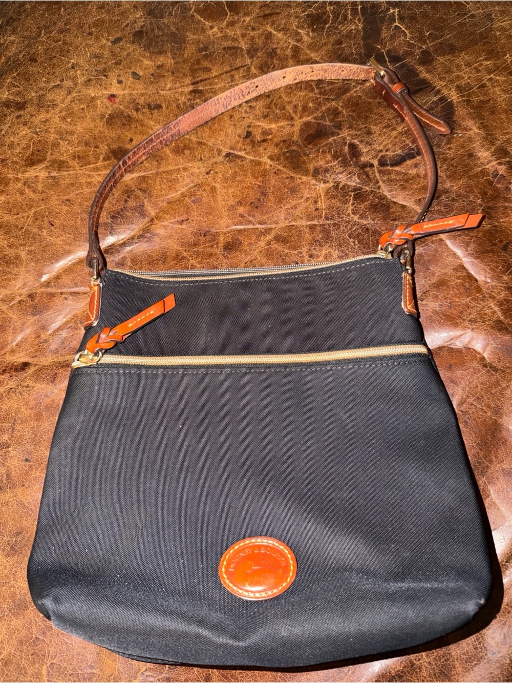 Dooney & Bourke Black Nylon Shoulder Bag with Brown Leather Trim